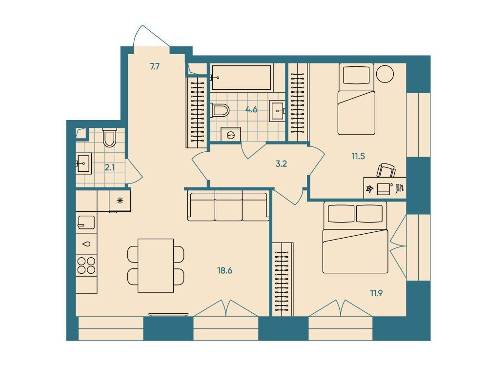 Планировка: 3-комн. квартира 59.80 м² в новостройке ЖК ЭРА