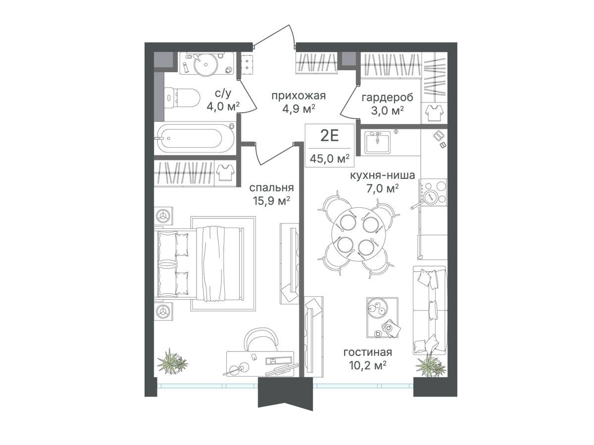 Планировка: 1-комн. квартира 45.00 м² в новостройке Петровский парк II