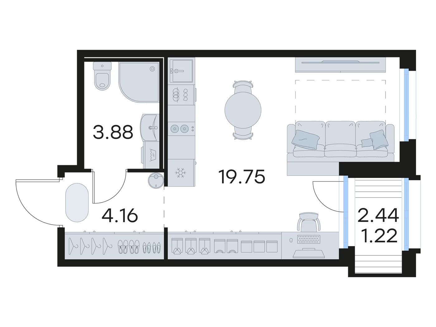 Планировка: Студия 28.90 м² в новостройке Глоракс Парголово