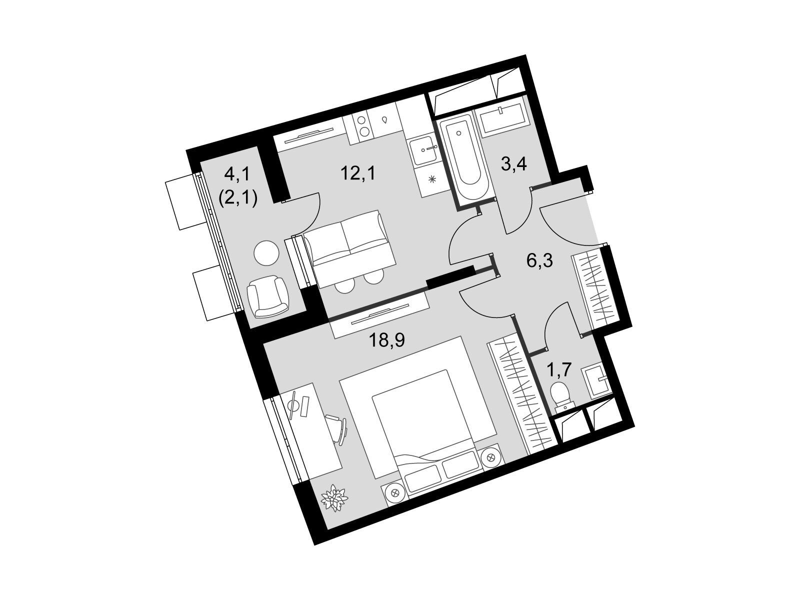 Планировка: 1-комн. квартира 44.40 м² в новостройке Римский