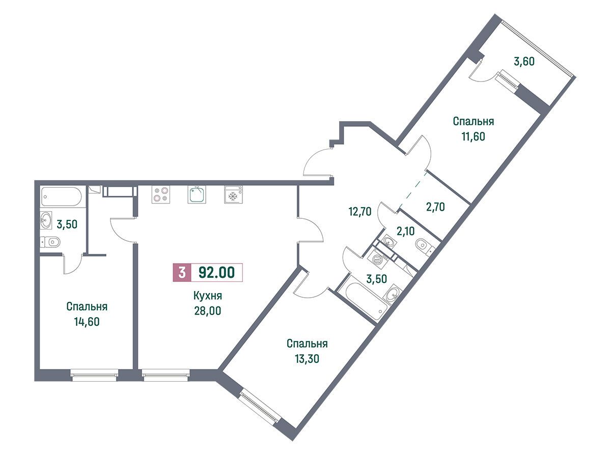 Планировка: 3-комн. квартира 92.00 м² в новостройке Фотограф