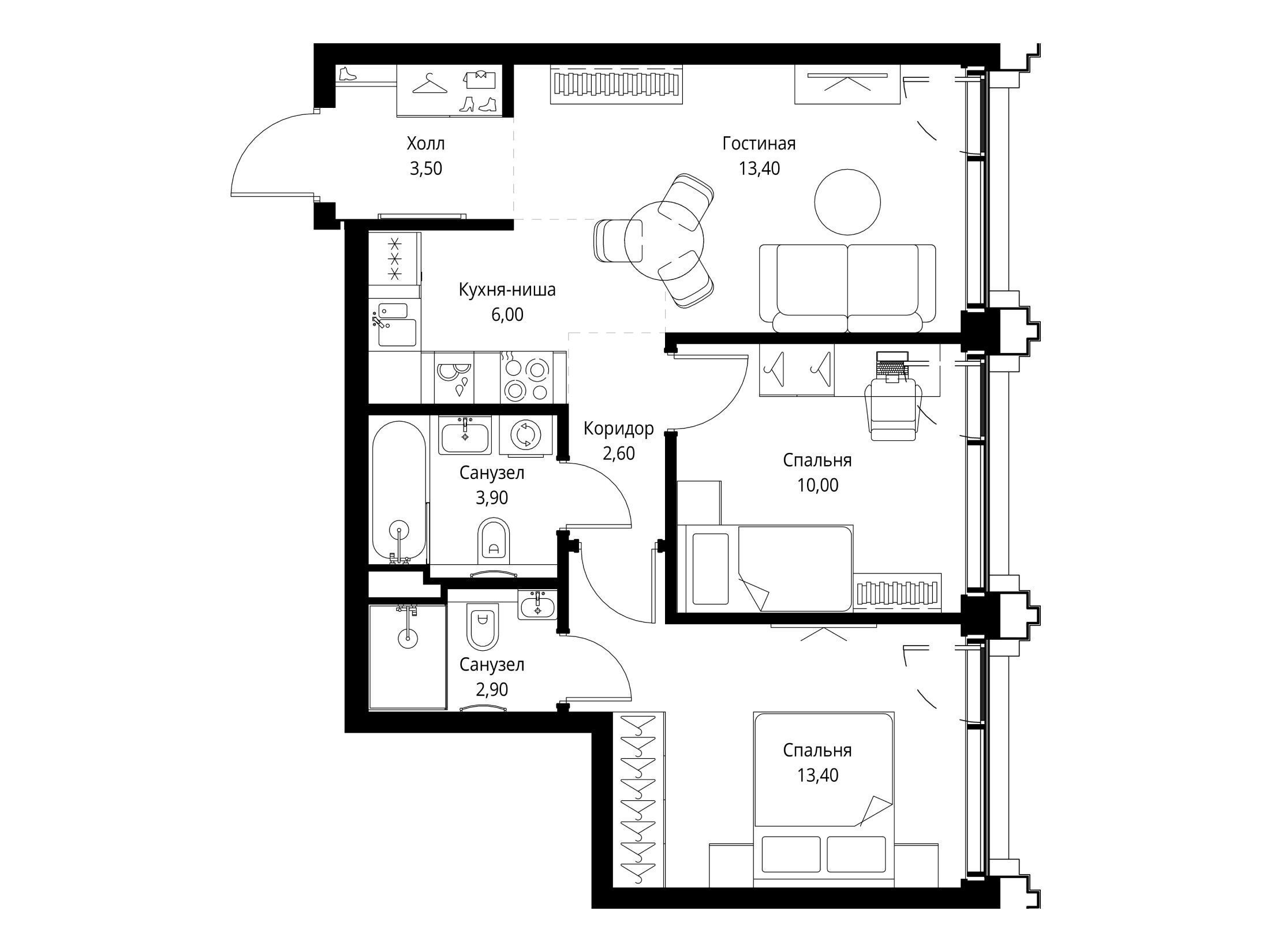Планировка: 2-комн. квартира 56.40 м² в новостройке Сет