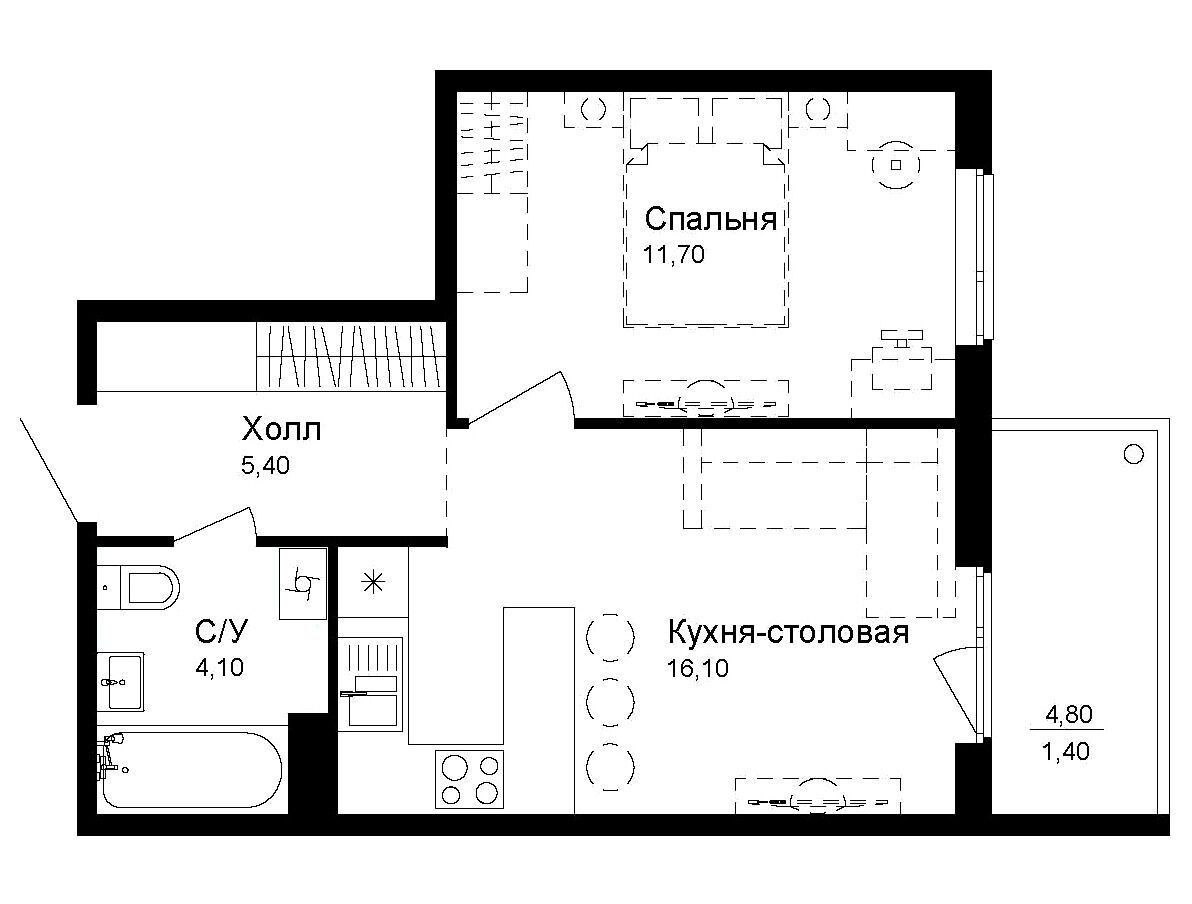 Планировка: 1-комн. квартира 38.70 м² в новостройке Новая Дубровка