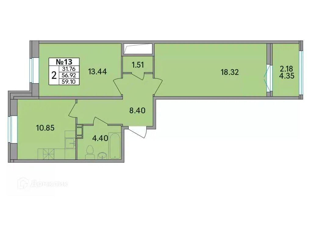 Планировка: 2-комн. квартира 58.70 м² в новостройке Рождественский квартал