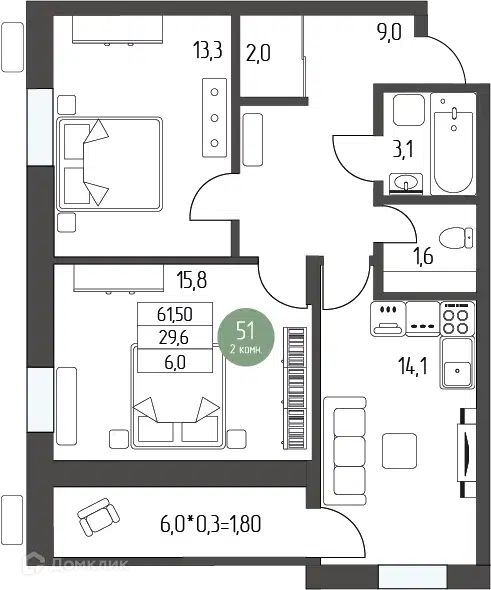 Планировка: 2-комн. квартира 61.50 м² в новостройке Лермонтов