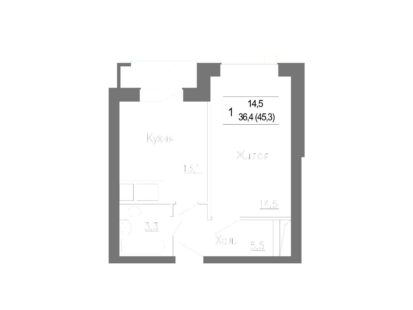 Планировка: 1-комн. квартира 46.50 м² в новостройке Новое Замитино