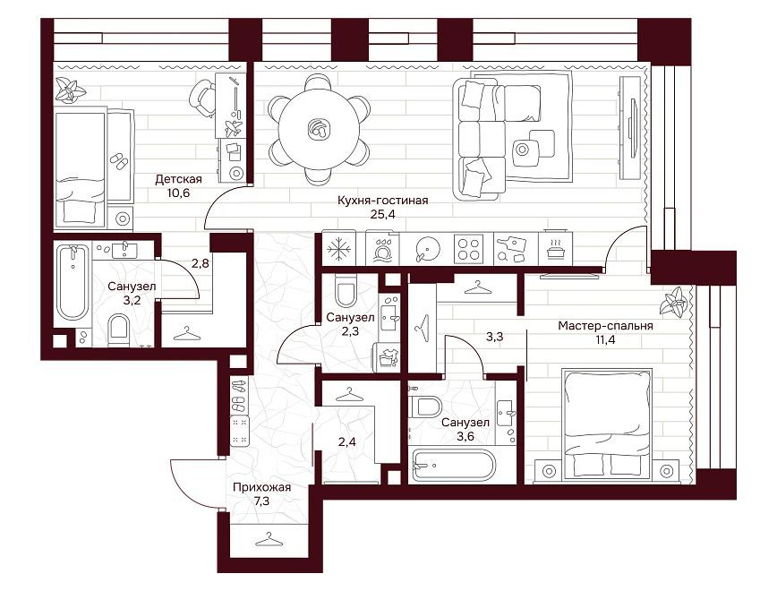 Планировка: 2-комн. квартира 75.00 м² в новостройке Дом 7 Даниловский