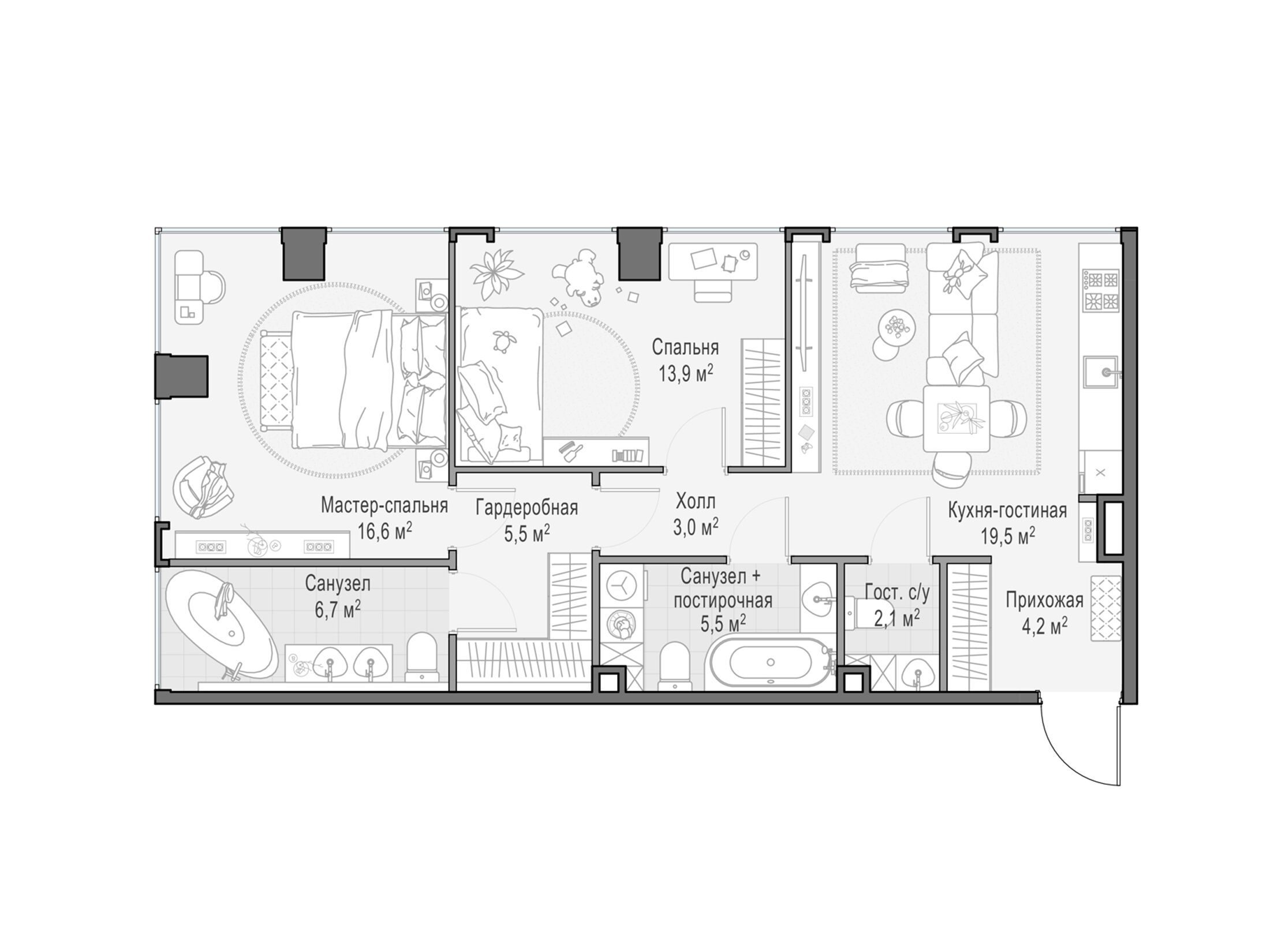 Планировка: 2-комн. квартира 77.10 м² в новостройке Лайф тайм