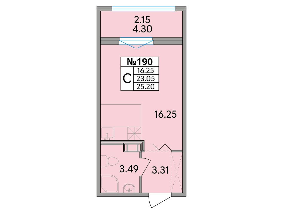 Планировка: Студия 25.20 м² в новостройке Рождественский квартал
