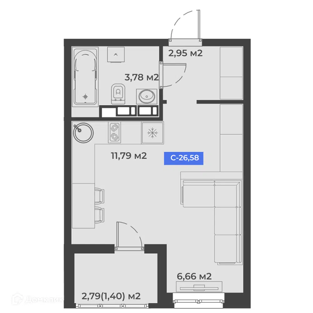 Планировка: Студия 26.58 м² в новостройке Соловей