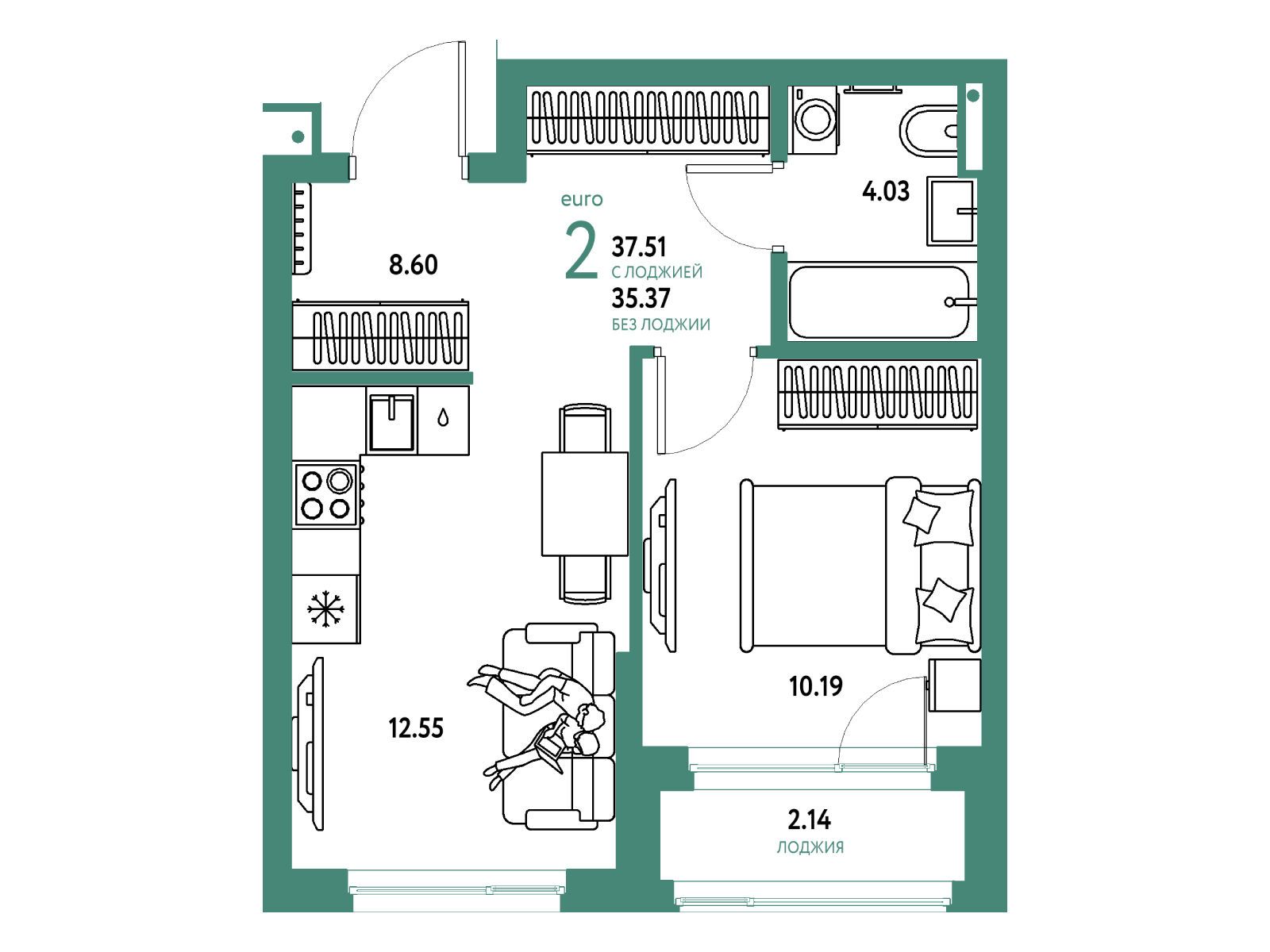 Планировка: 2-комн. квартира 37.51 м² в новостройке Страна Парковая