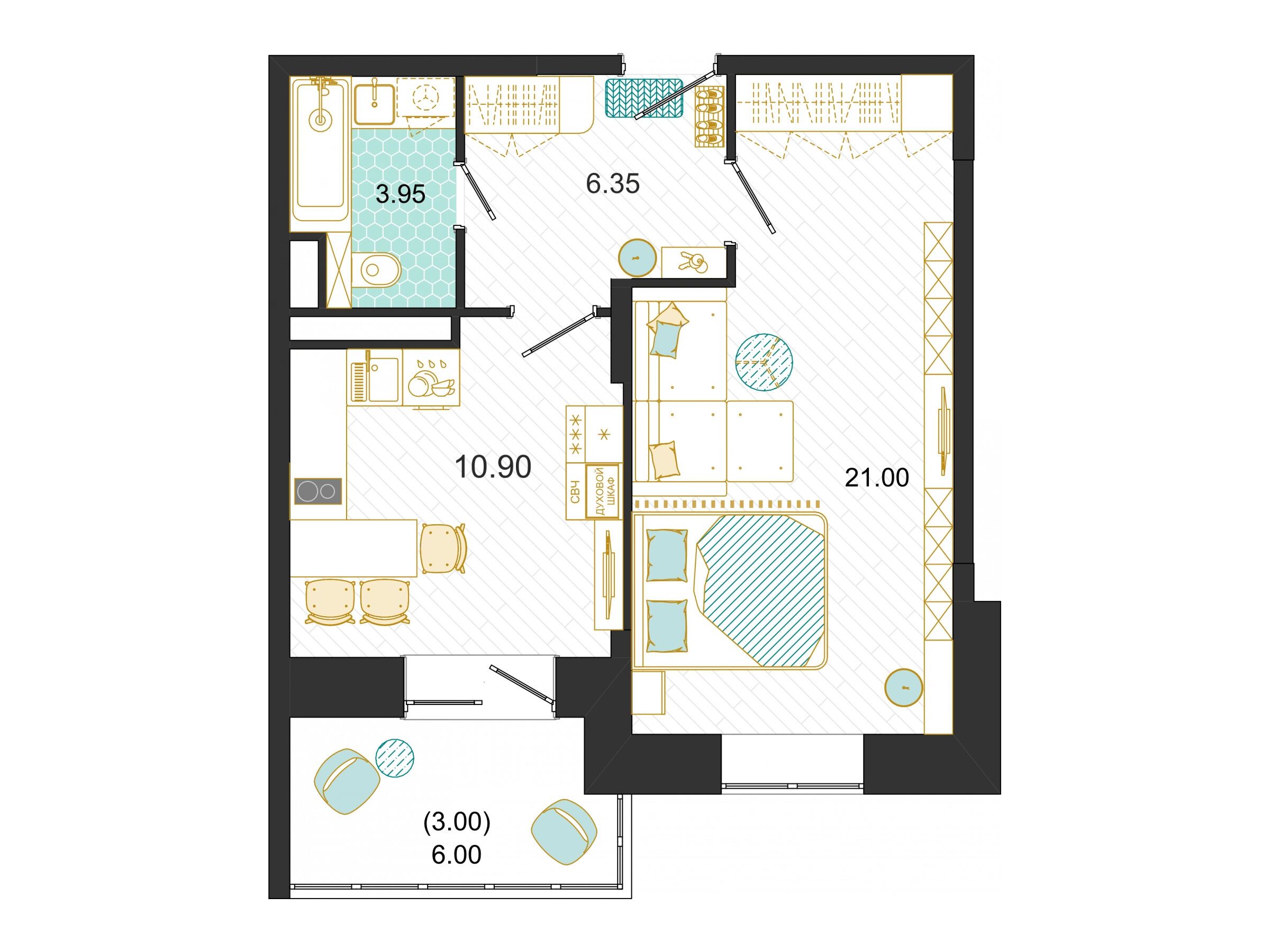 Планировка: 1-комн. квартира 45.20 м² в новостройке Оптима