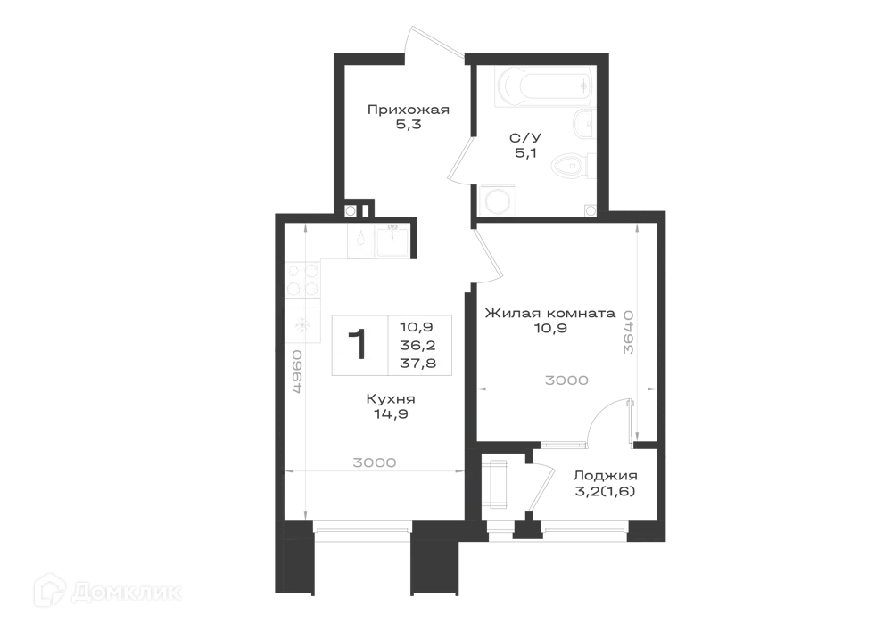 Планировка: 1-комн. квартира 37.80 м² в новостройке Нагория