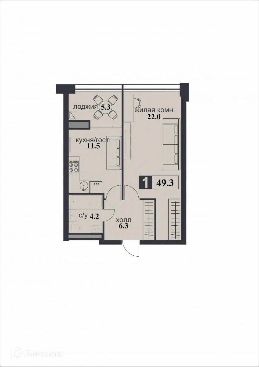 Планировка: 1-комн. квартира 49.10 м² в новостройке Надежда