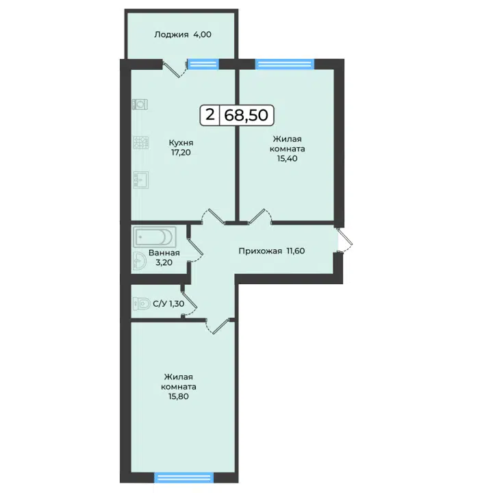 Планировка: 2-комн. квартира 68.50 м² в новостройке Европейский 5