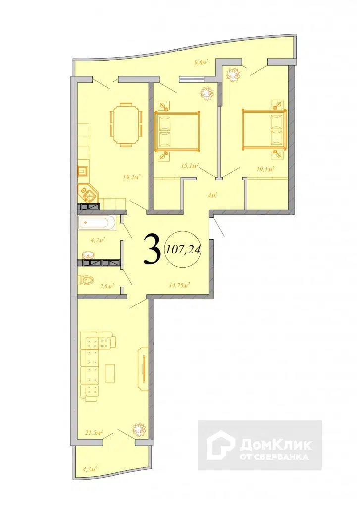 Планировка: 3-комн. квартира 107.24 м² в новостройке Радонеж