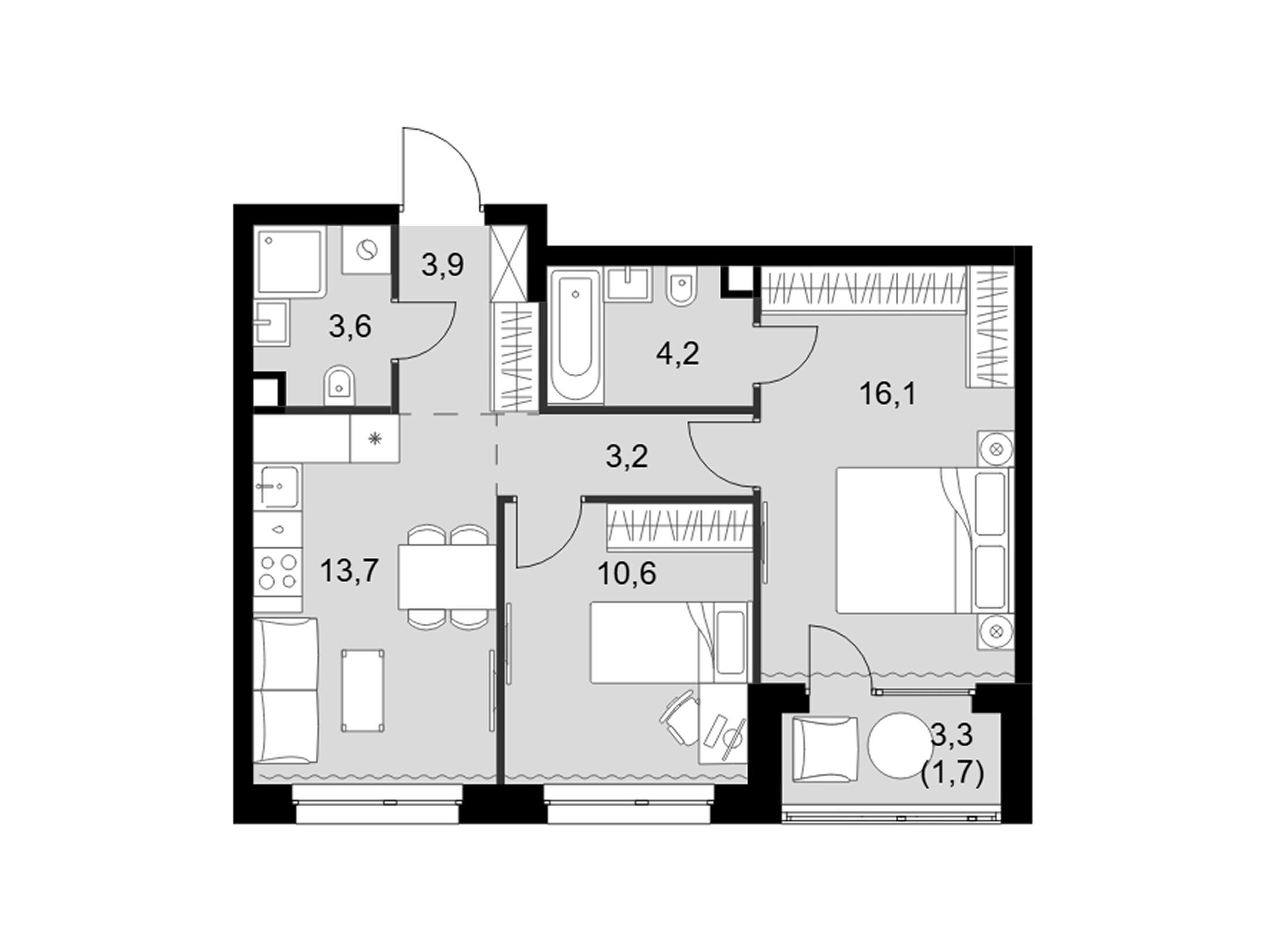 Планировка: 2-комн. квартира 57.00 м² в новостройке Симоновский вал