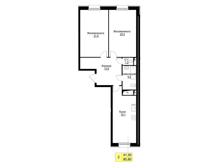 Планировка: 2-комн. квартира 80.80 м² в новостройке Корица