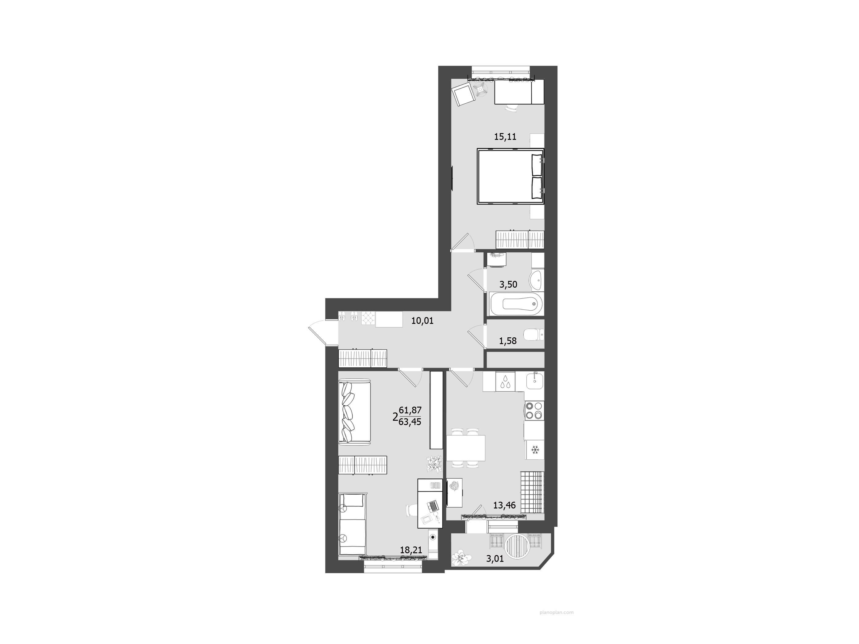 Планировка: 2-комн. квартира 63.45 м² в новостройке Олимп 3