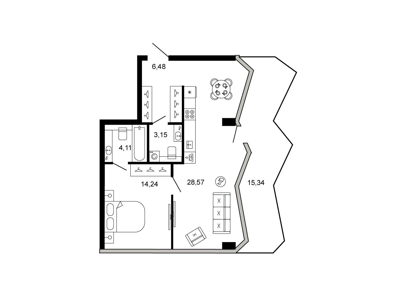 Планировка: 2-комн. квартира 61.16 м² в новостройке Клубный дом Новая, 11