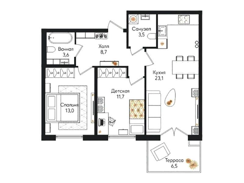 Планировка: 2-комн. квартира 65.60 м² в новостройке Кронунг Юг
