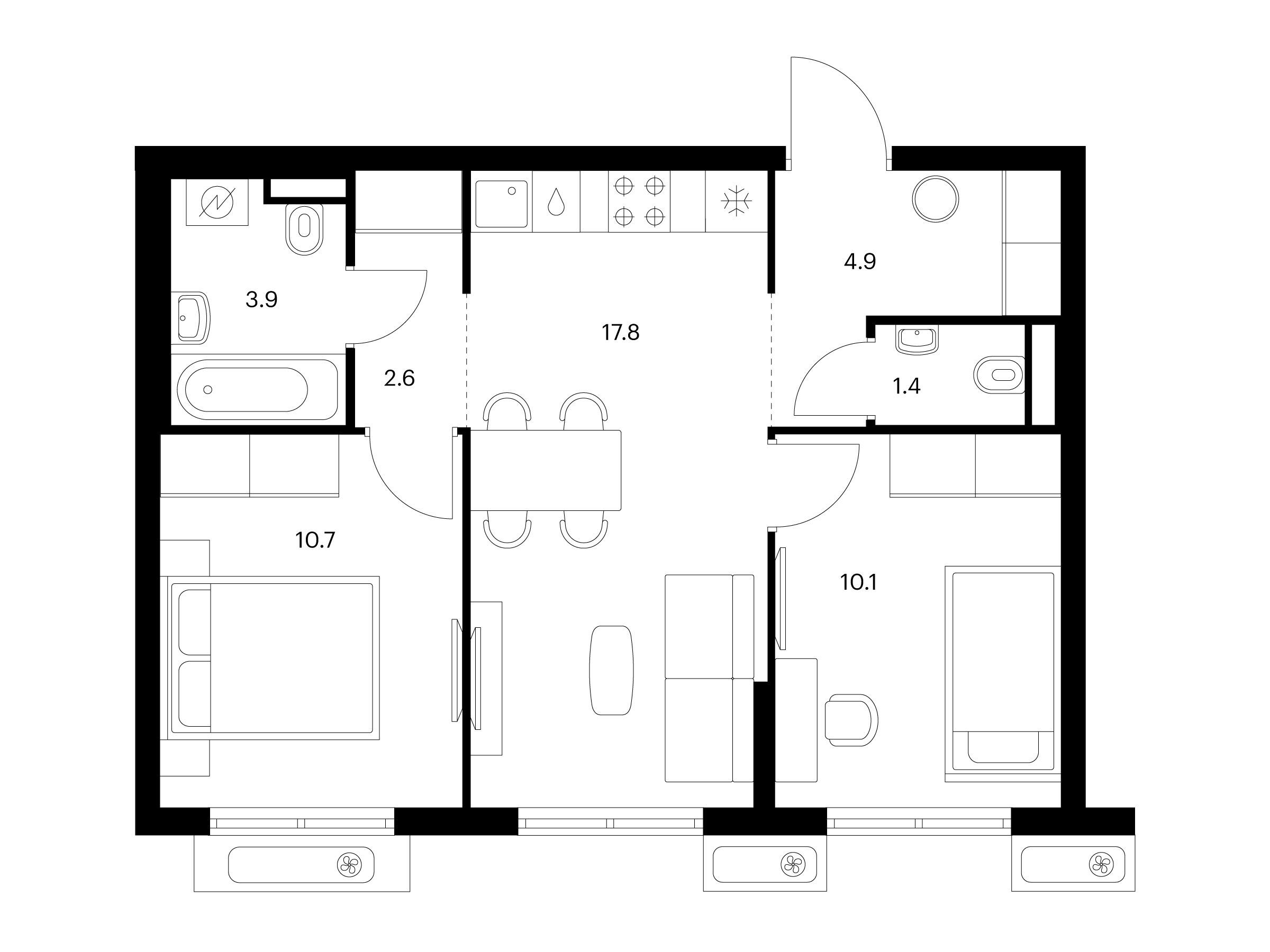 Планировка: 2-комн. квартира 51.40 м² в новостройке ЖК Восточное Бутово