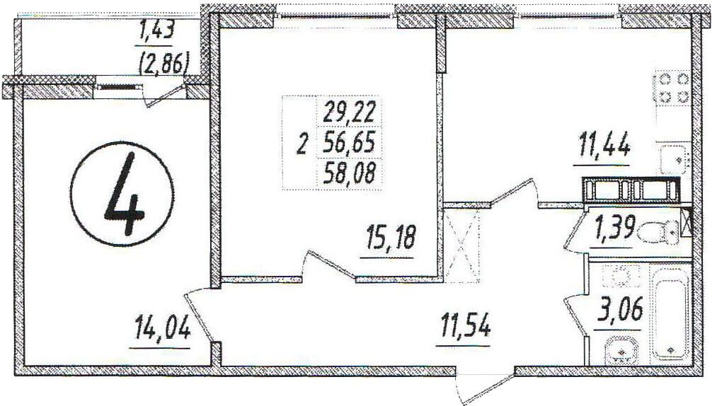 Планировка: 2-комн. квартира 58.10 м² в новостройке Ингрия Лэнд