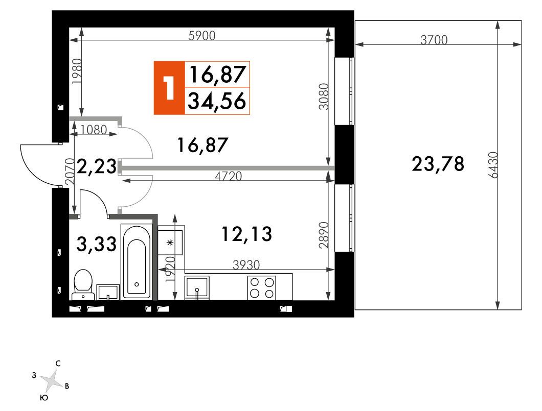 Планировка: 1-комн. квартира 34.40 м² в новостройке Парк Апрель