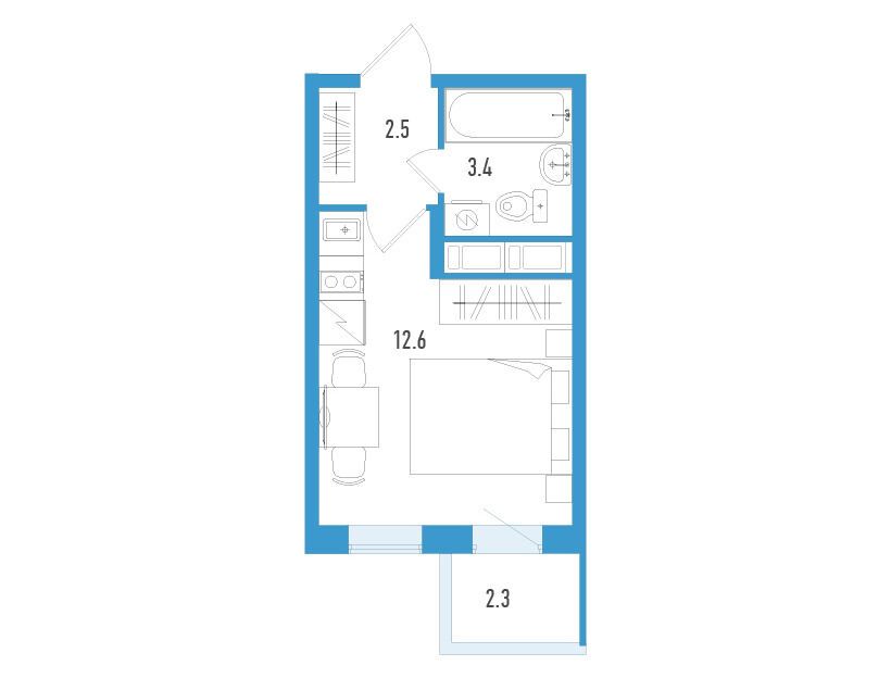 Планировка: Студия 19.20 м² в новостройке Аэросити Клаб