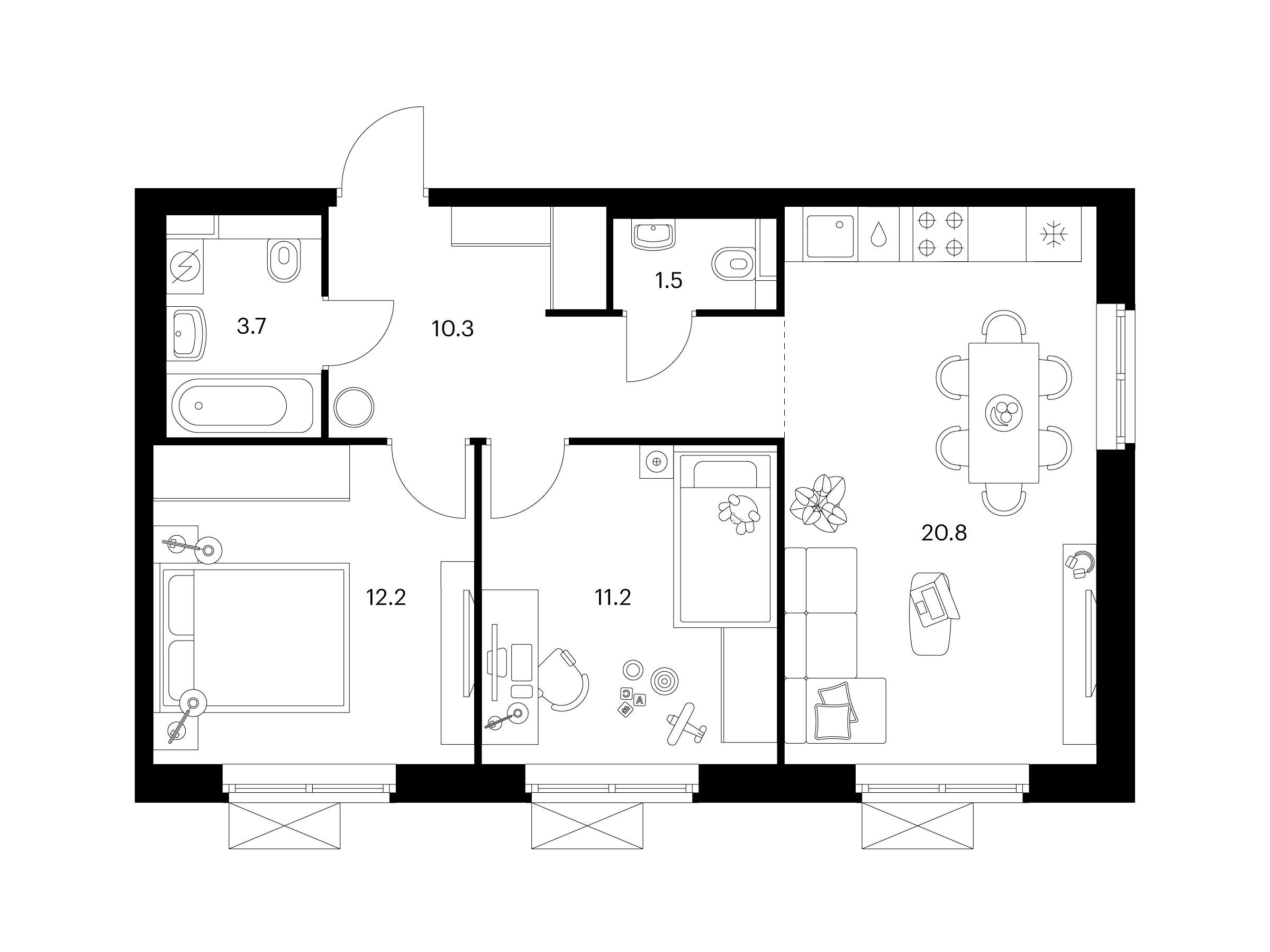 Планировка: 2-комн. квартира 59.70 м² в новостройке Люблинский парк