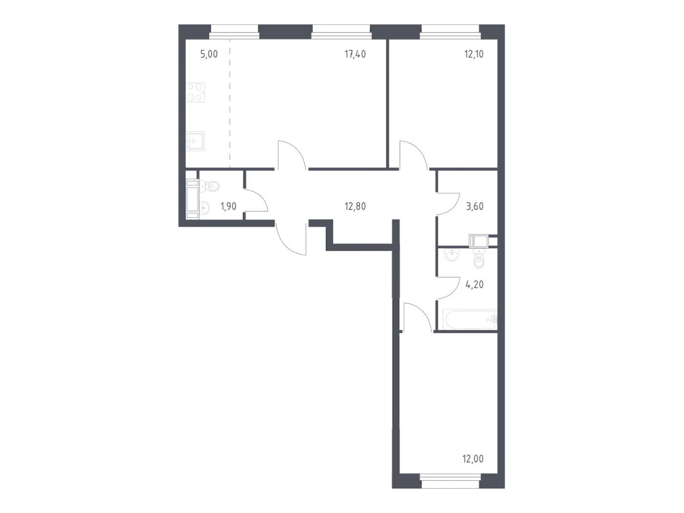 Планировка: 2-комн. квартира 69.00 м² в новостройке Эко Бунино