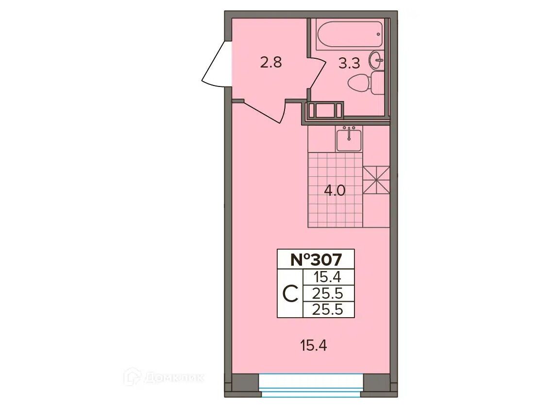 Планировка: Студия 25.50 м² в новостройке Капральский