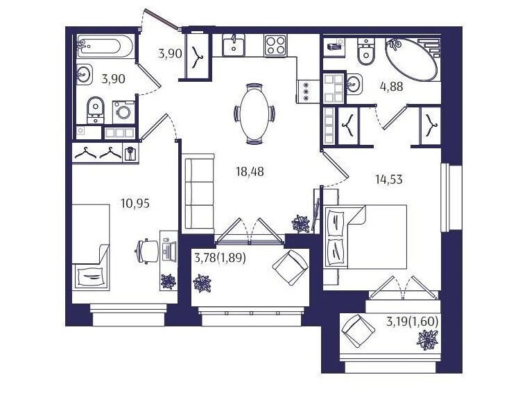 Планировка: 2-комн. квартира 60.13 м² в новостройке Ранта Резиденс