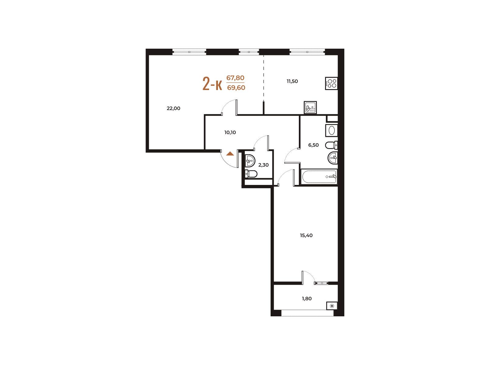 Планировка: 2-комн. квартира 69.60 м² в новостройке Новое Летово