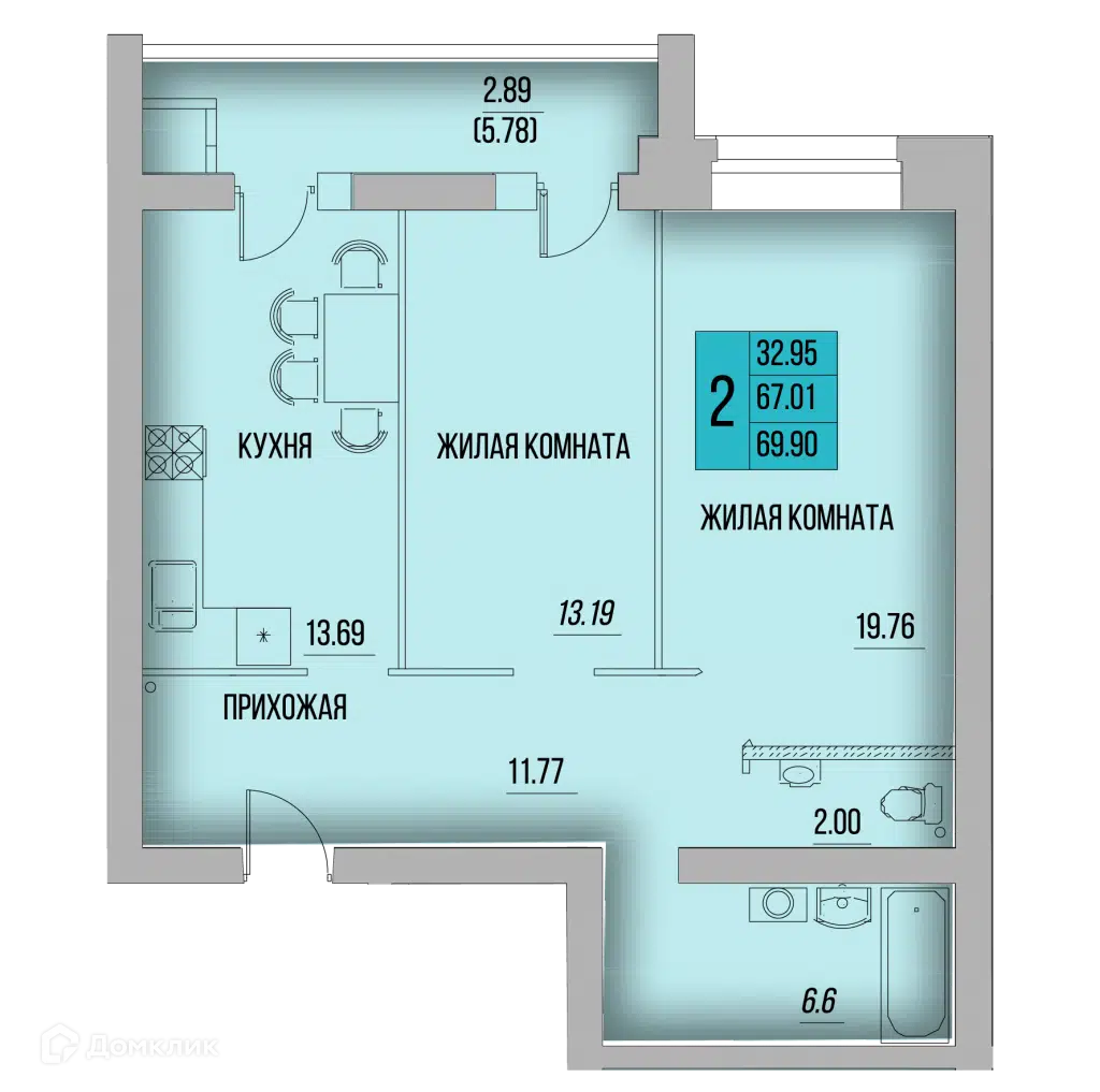 Планировка: 2-комн. квартира 68.13 м² в новостройке Кречетников парк
