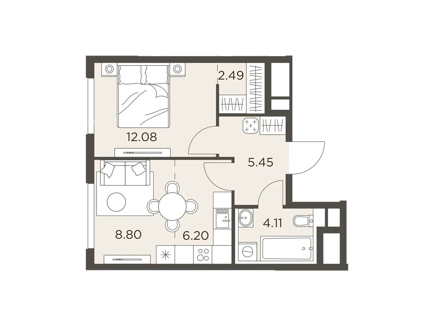 Планировка: 1-комн. квартира 39.13 м² в новостройке Одинград