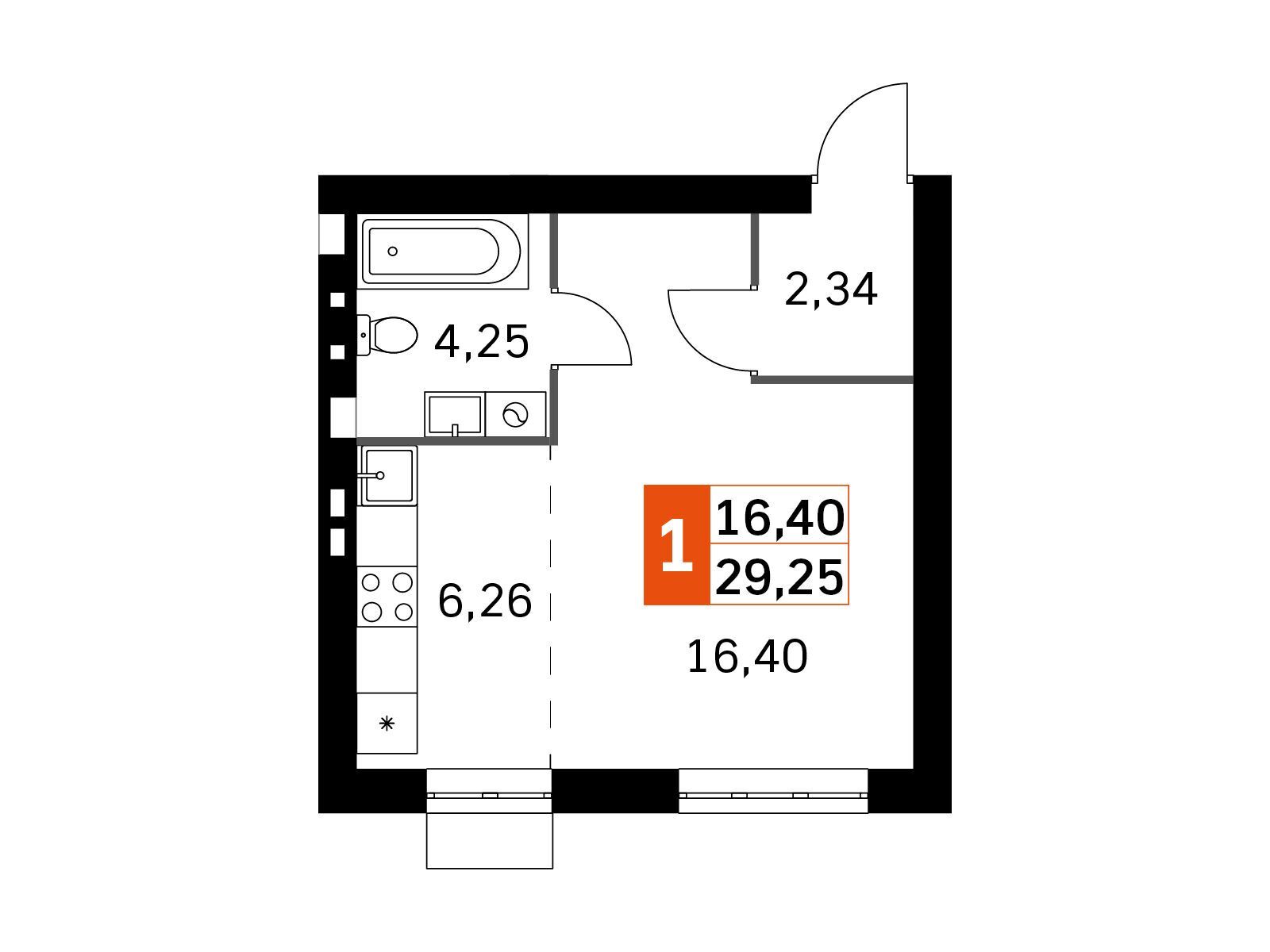 Планировка: 1-комн. квартира 29.25 м² в новостройке Жаворонки Клаб