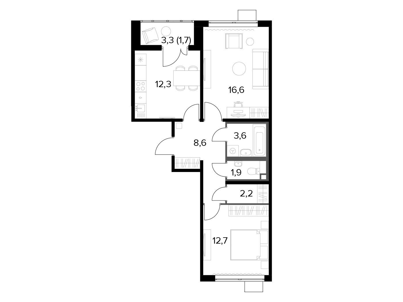 Планировка: 2-комн. квартира 59.50 м² в новостройке 1-й Лермонтовский