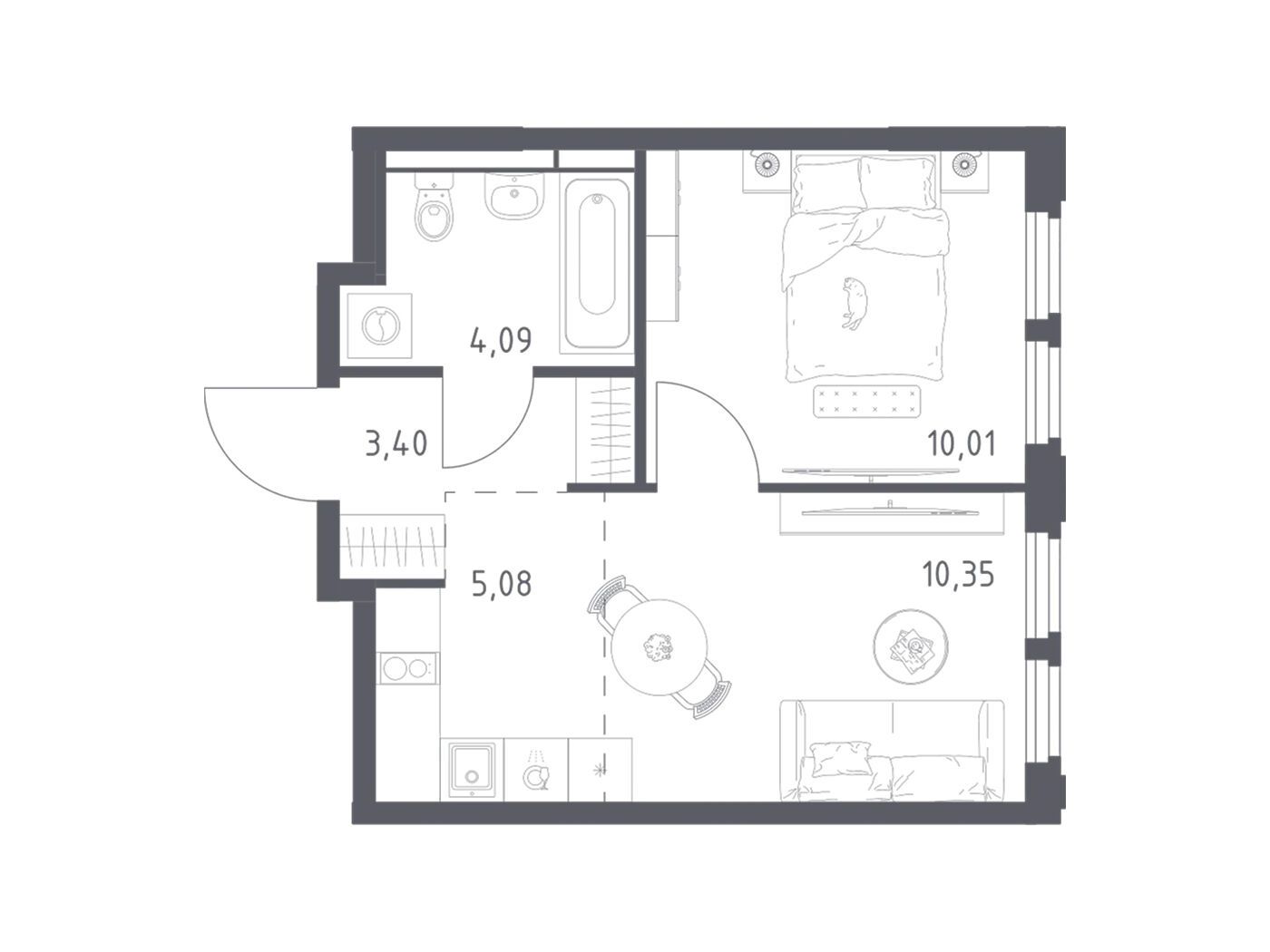 Планировка: 1-комн. квартира 32.93 м² в новостройке Космический квартал