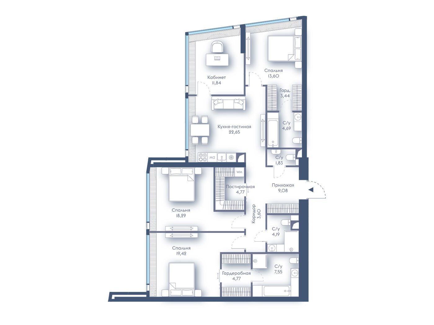 Планировка: 3-комн. квартира 129.72 м² в новостройке Дом Дау
