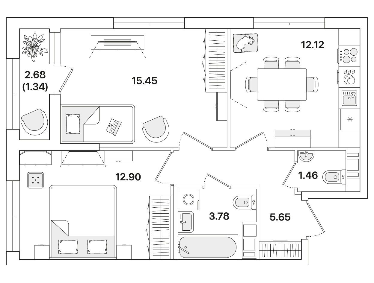 Планировка: 2-комн. квартира 52.30 м² в новостройке Академик