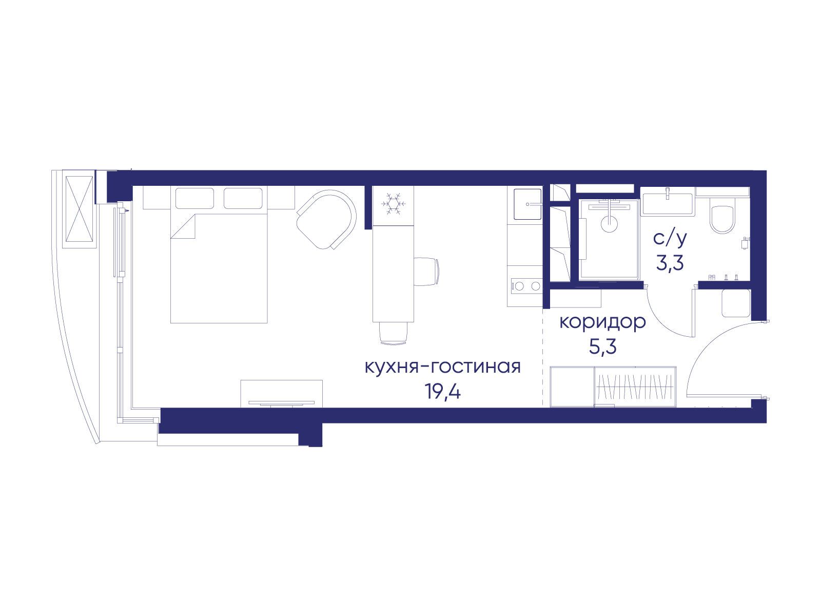Планировка: Студия 28.00 м² в новостройке Остров