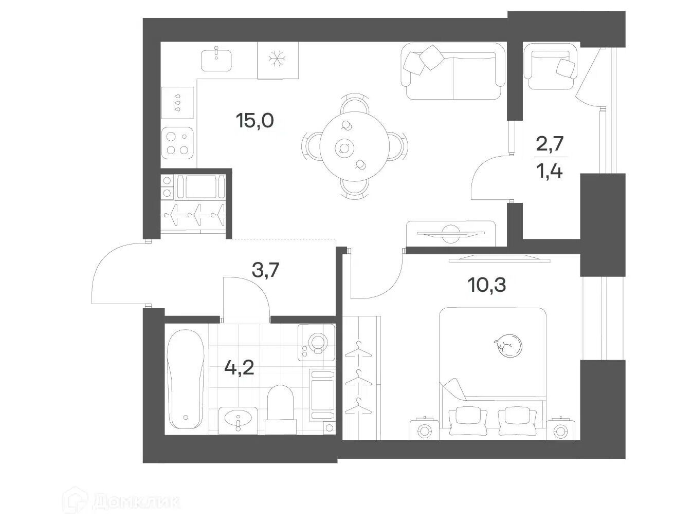 Планировка: 1-комн. квартира 34.54 м² в новостройке Ньюпитер