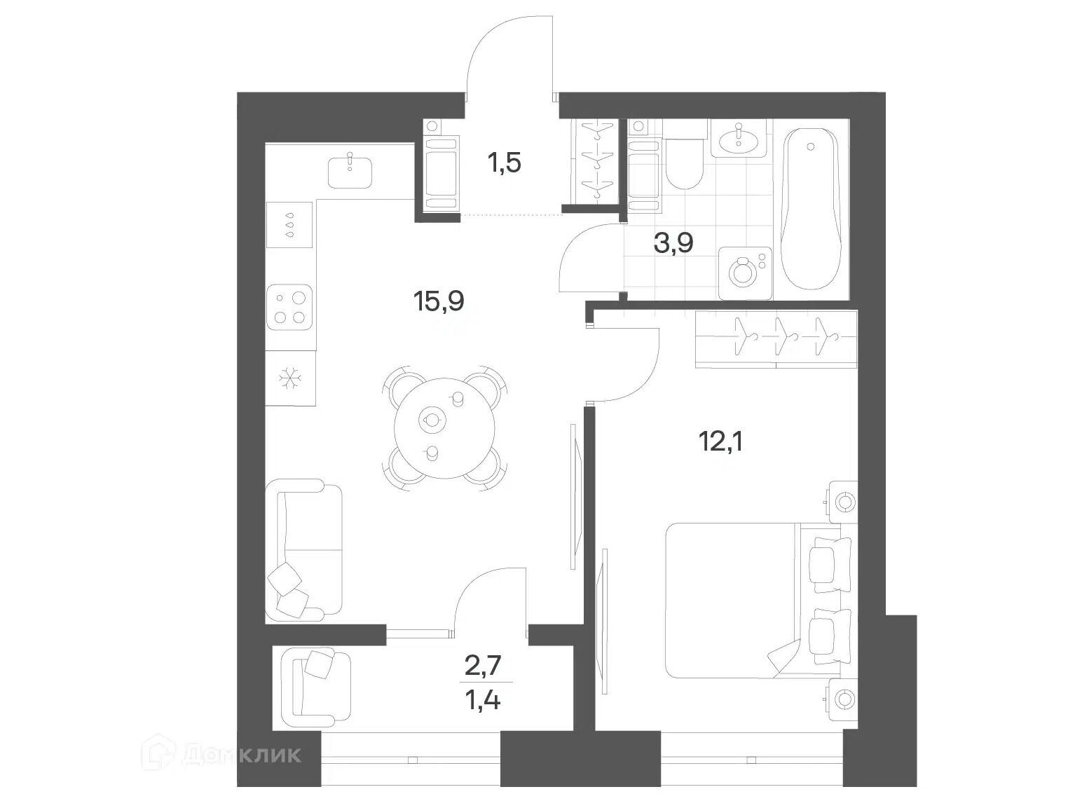 Планировка: 1-комн. квартира 34.75 м² в новостройке Ньюпитер