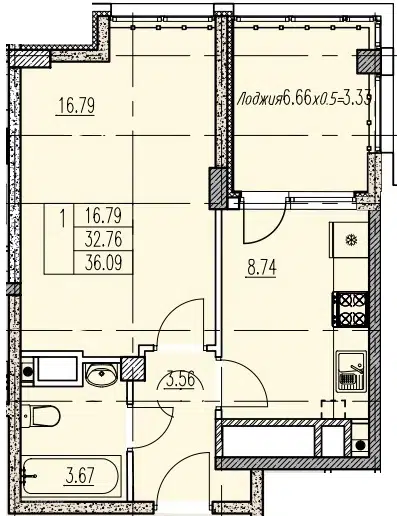 Планировка: 1-комн. квартира 36.09 м² в новостройке Агой-парк