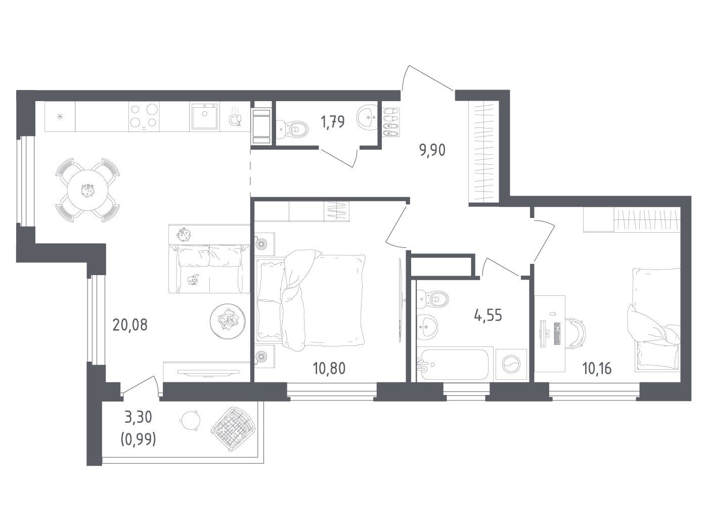 Планировка: 2-комн. квартира 58.27 м² в новостройке Южная Нева