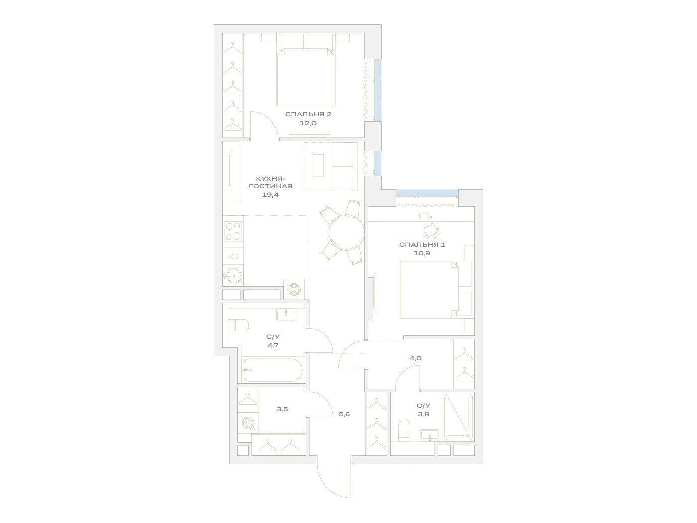 Планировка: 2-комн. квартира 63.90 м² в новостройке Детали