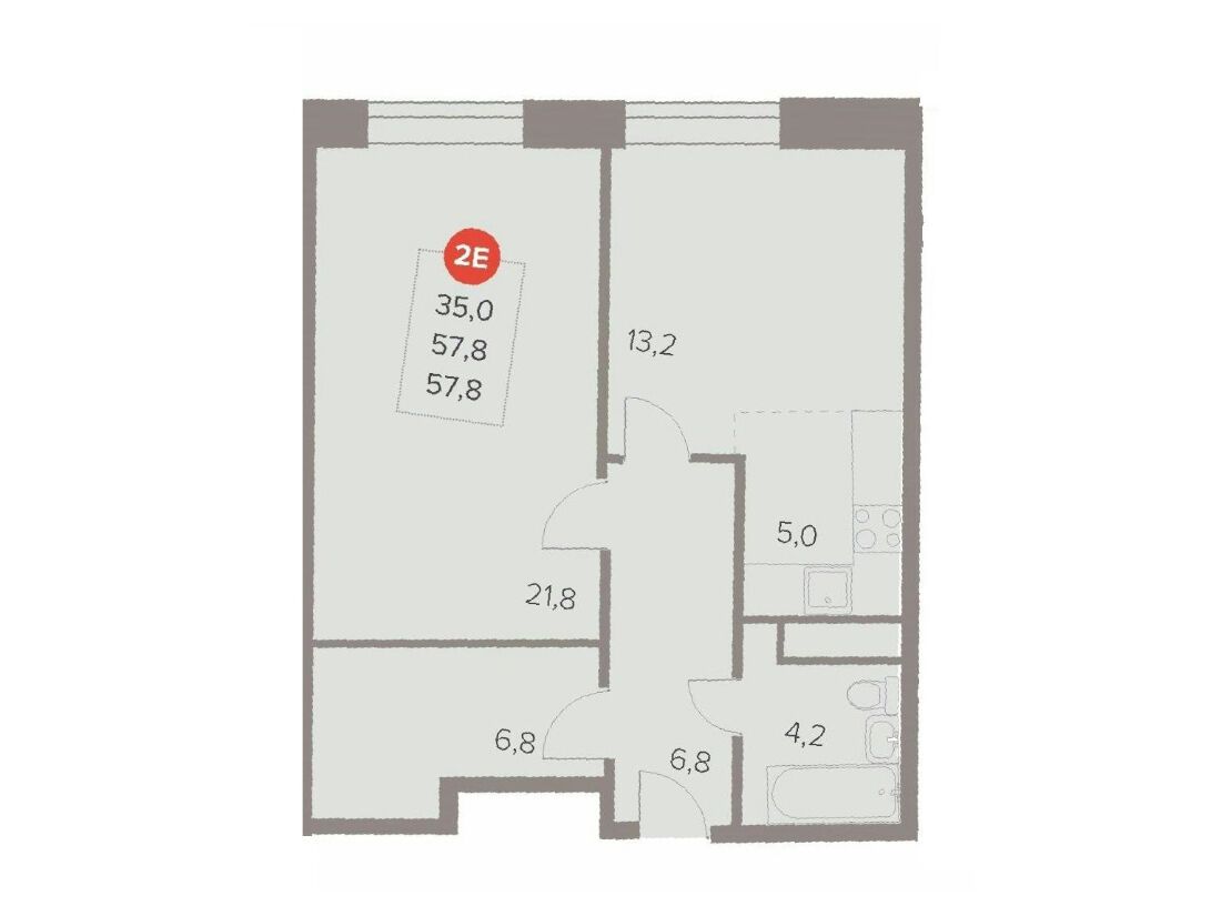 Планировка: 2-комн. квартира 57.80 м² в новостройке Отлично