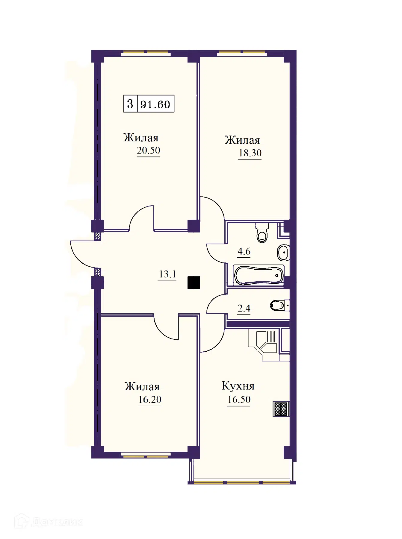 Планировка: 3-комн. квартира 91.60 м² в новостройке Новый город