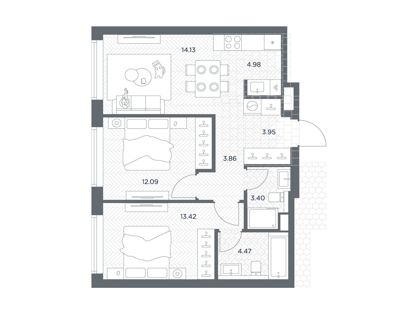 Планировка: 2-комн. квартира 60.30 м² в новостройке Тейт